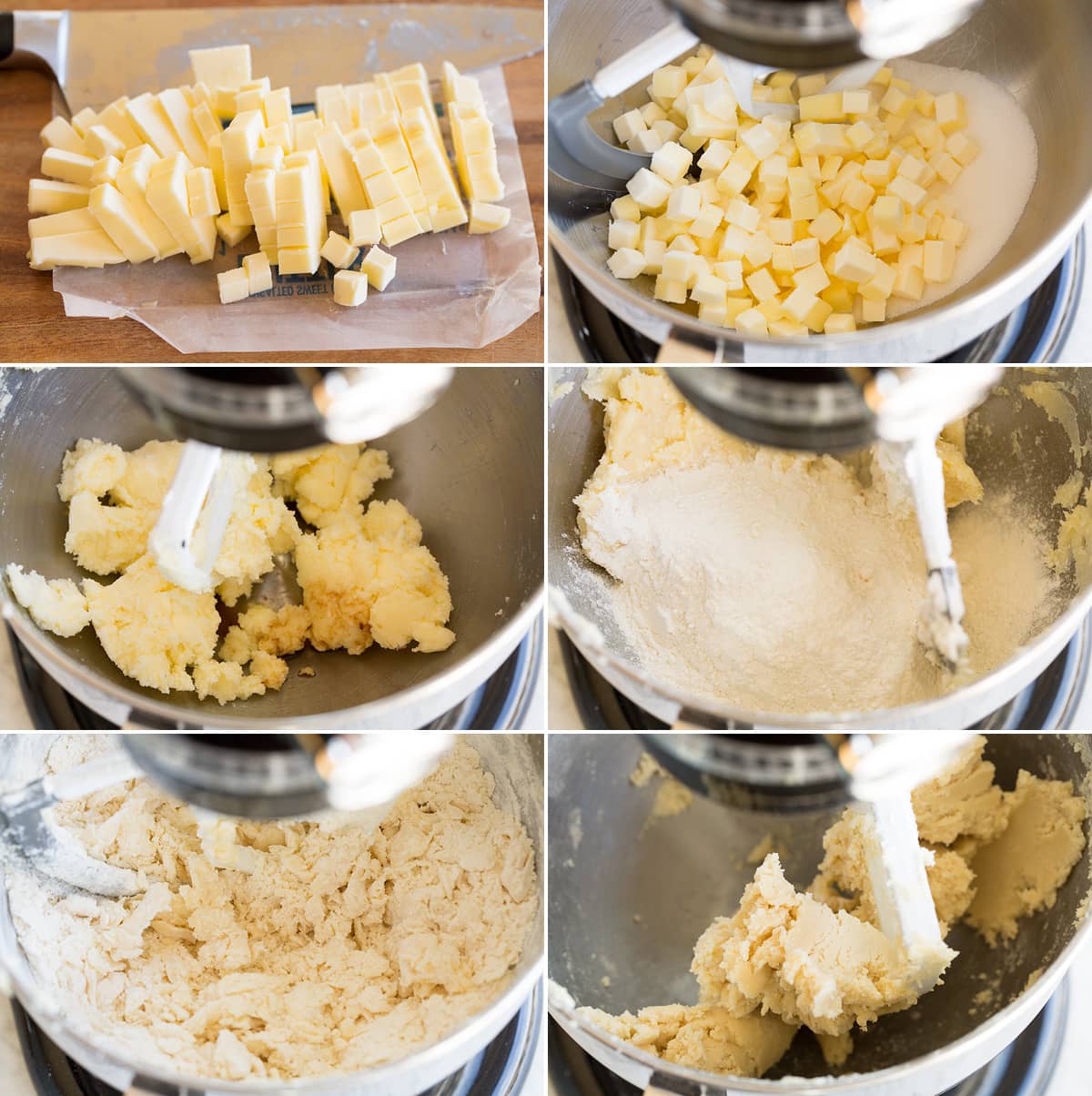 Shortbread Cookies Collage of six images showing how to make shortbread cookies. Shows cutting cold butter into cubes, then mixing with sugar in a stand mixer. Then flour is added and mixed until it comes together.