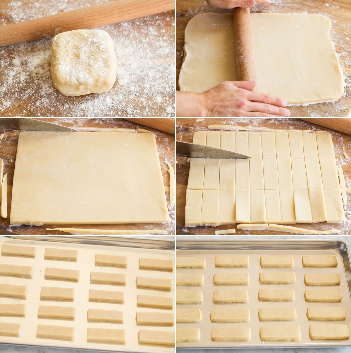 Shortbread Cookies Collage of six images showing how to roll, shape and cut shortbread cookies. Then also shows shortbread cookies on baking sheet before and after baking.