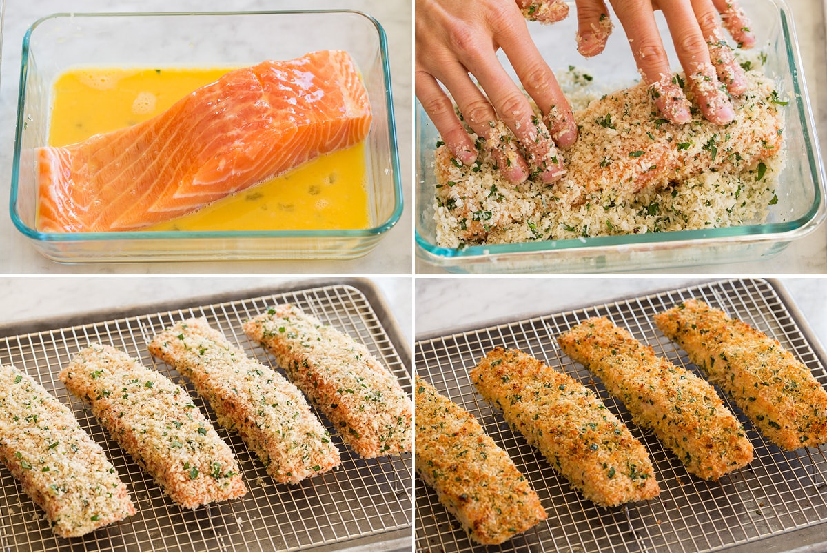 Baked Parmesan Crusted Salmon Collage of four images showing how to coat salmon with egg and breading then shows salmon on wire rack on baking sheet before and after baking.