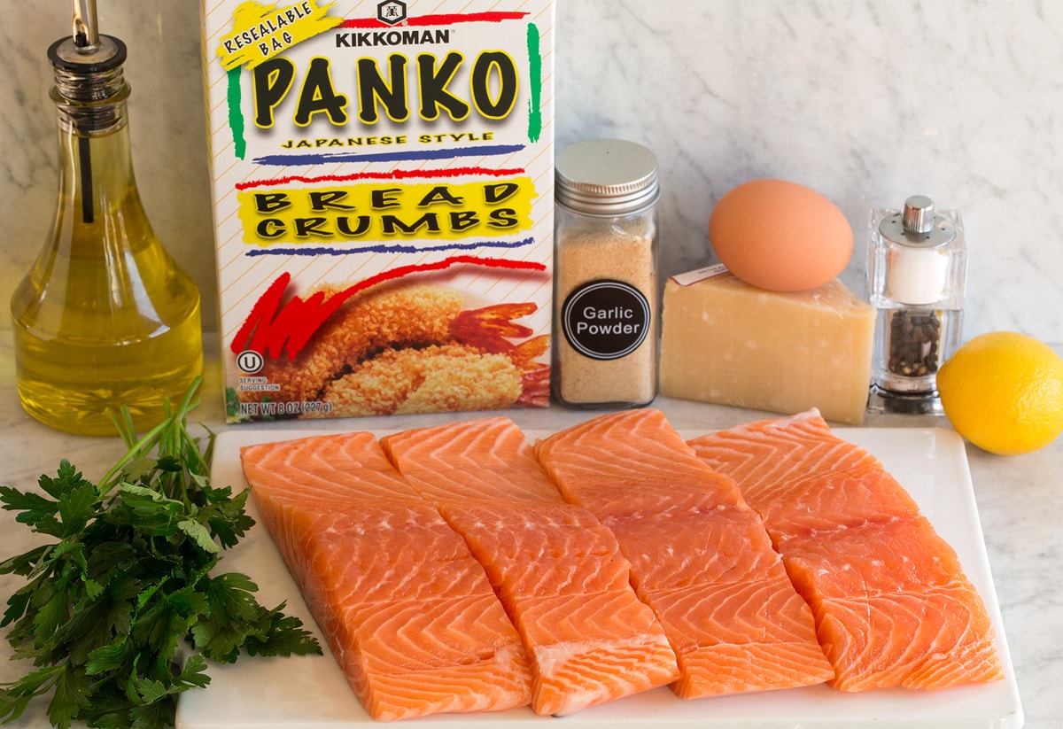 Baked Parmesan Crusted Salmon Image of ingredients used to make baked salmon with parmesan and panko.