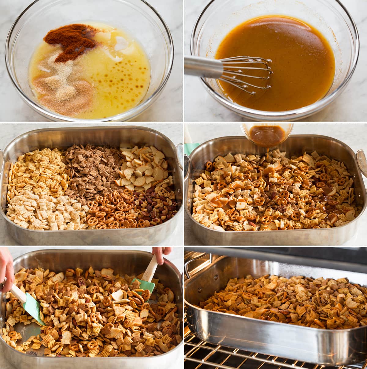Chex Mix Collage of six images showing steps to preparing chex mix in the oven.