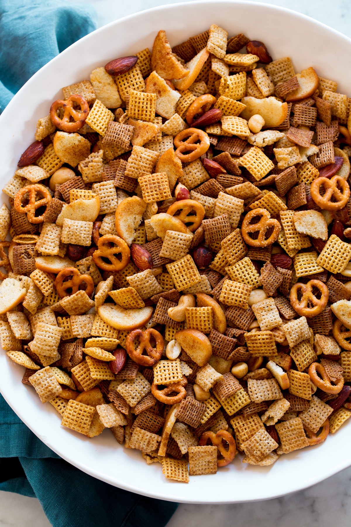 Chex Mix Chex Mix shown from overhead in a big white bowl.