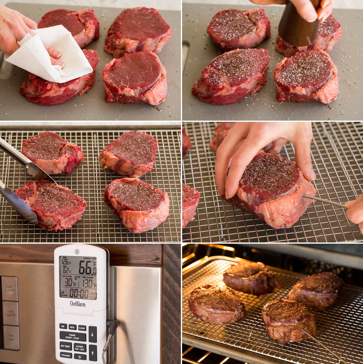 Filet Mignon Photo of preparing filet mignon steaks for cooking in the oven on a wire rack on a baking sheet. Also shows an oven safe probe thermometer being used and steaks cooking in oven.