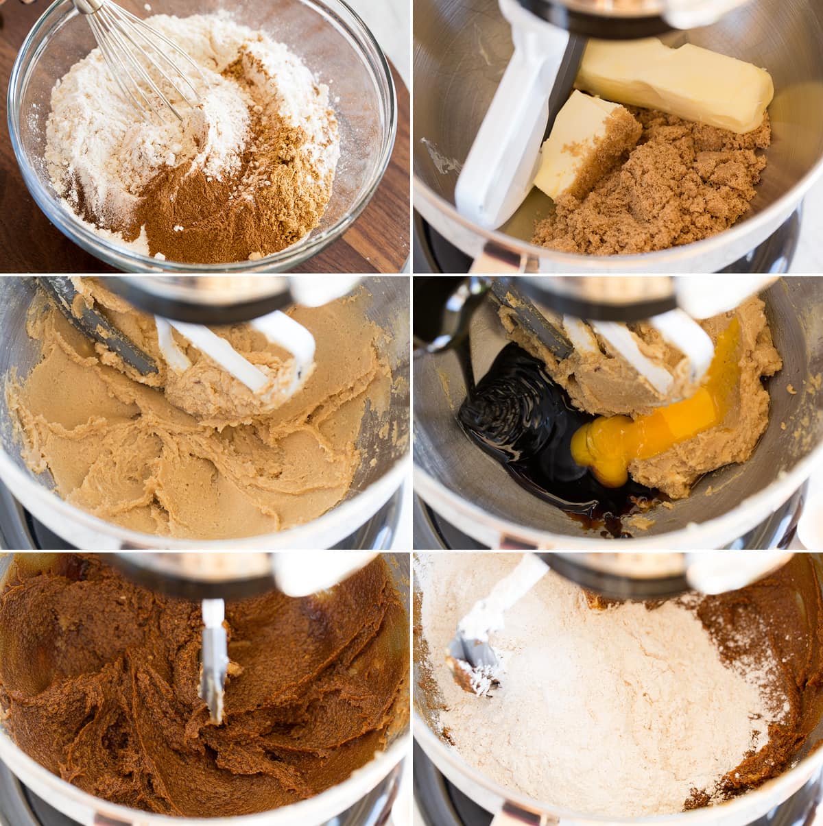 Molasses Cookies Collage of six images showing first six steps of making molasses cookies. Shows whisking dry ingredients in a bowl. Separately in a stand mixer creaming butter and brown sugar, the mixing in molasses and egg yolk. And last shows mixing in flour.