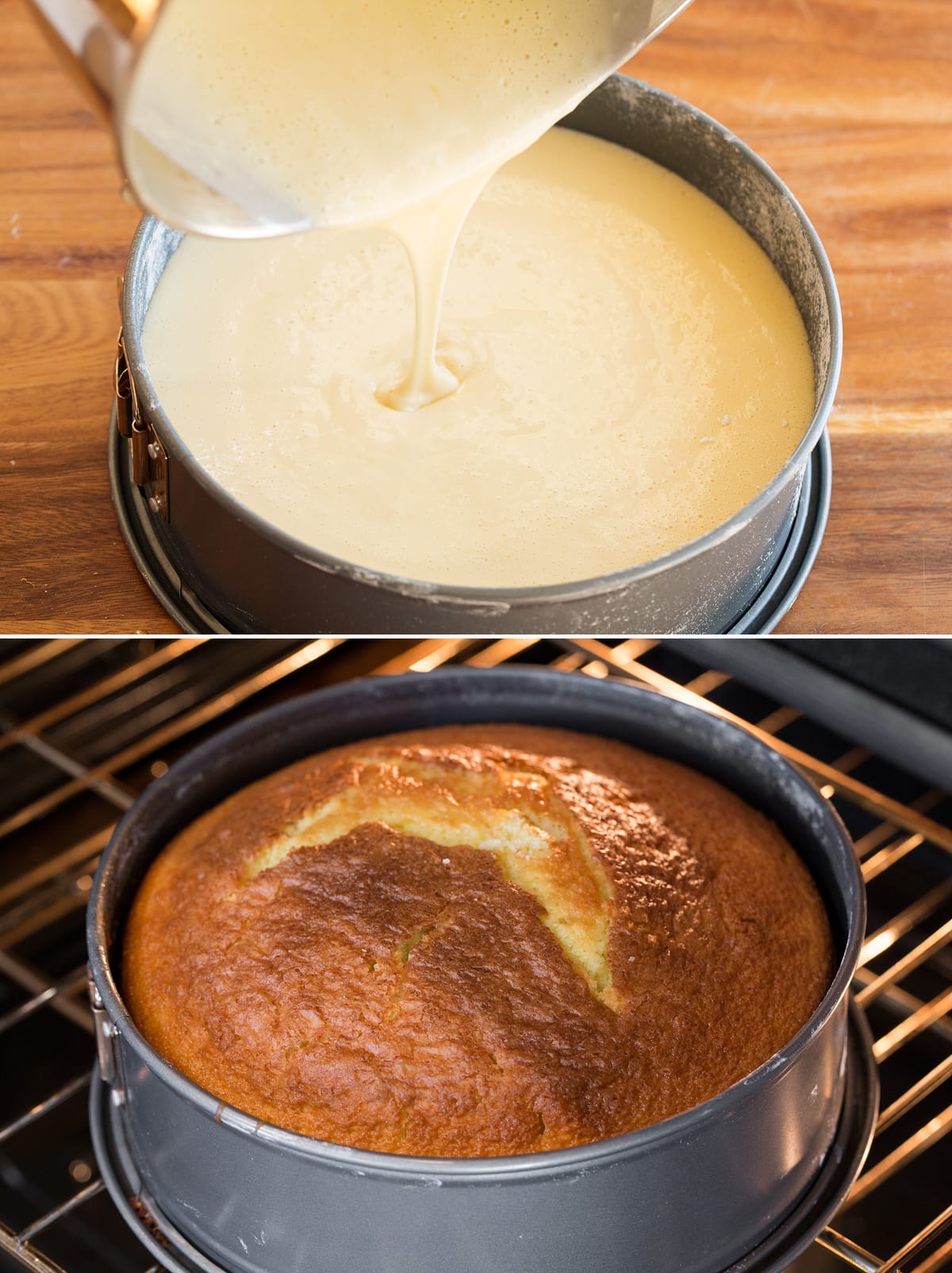 Olive Oil Cake Collage of two photos showing cake batter being poured into springform pan then second showing it baking in the oven.
