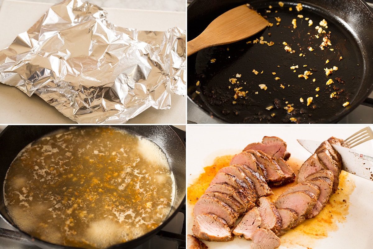 Baked Pork Tenderloin Collage of four photos showing resting pork with foil, making sauce and carving pork tenderloin.
