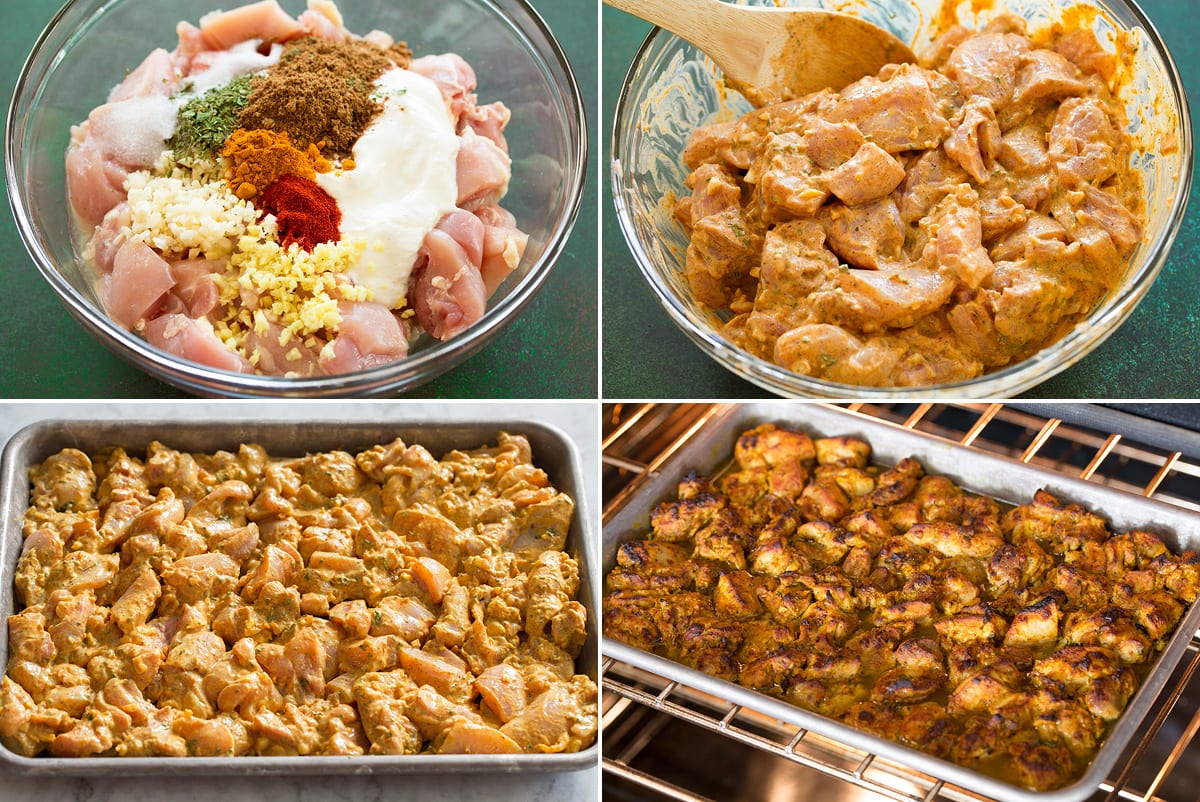 Butter Chicken Collage of four photos showing steps to making butter chicken marinade and roasting in the oven on a baking tray.