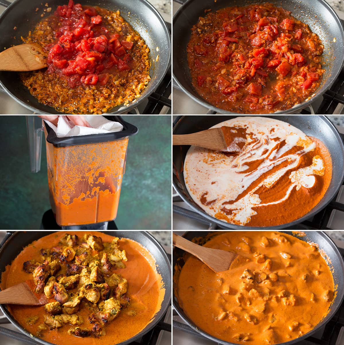 Butter Chicken Collage of six photos showing steps to finishing butter chicken sauce and tossing in chicken.