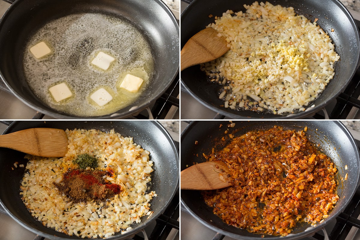 Butter Chicken Collage of four photos showing steps of sautéing aromatics in butter for butter chicken.