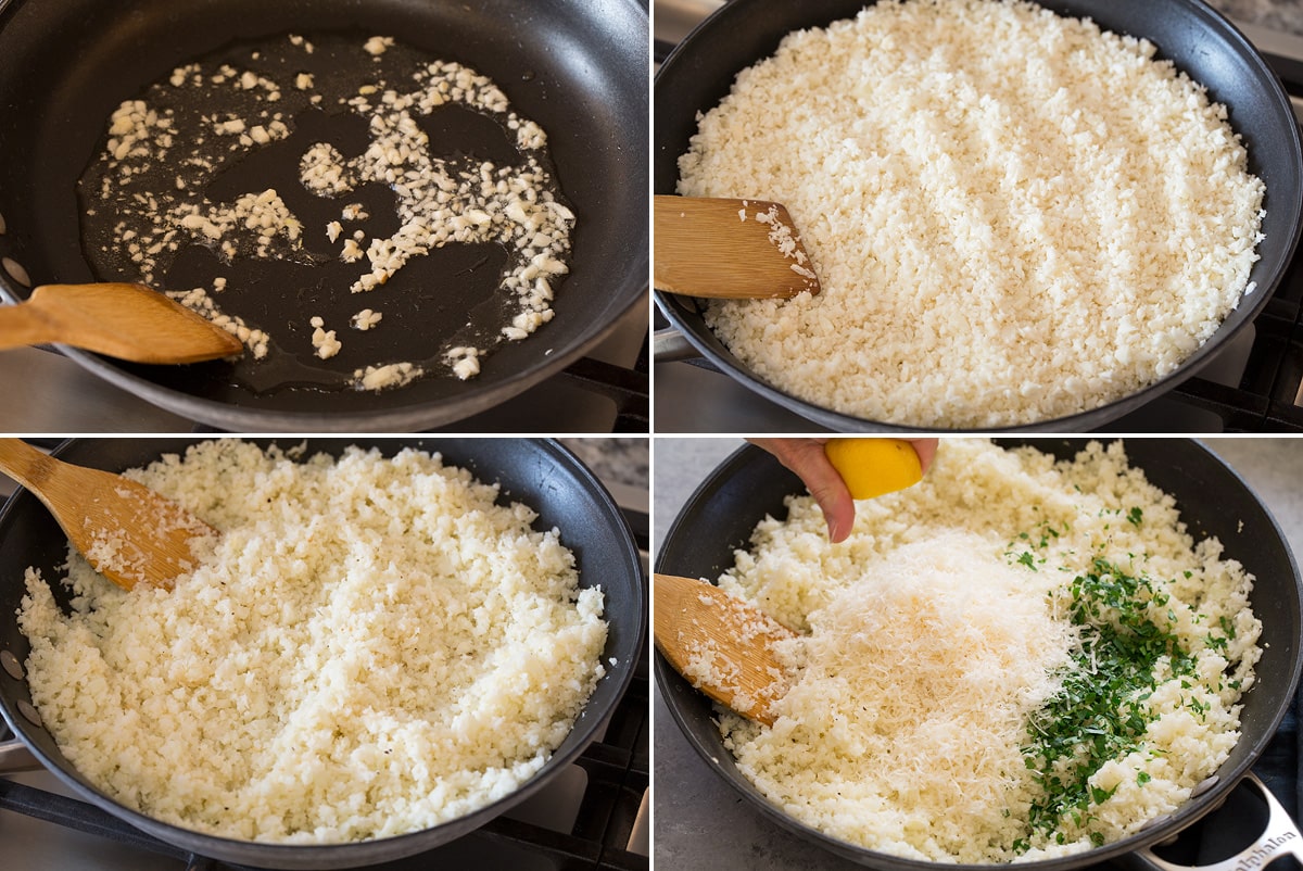 Cauliflower Rice Collage of four photos showing how to cook cauliflower rice in a skillet and season at the end with parmesan and herbs.