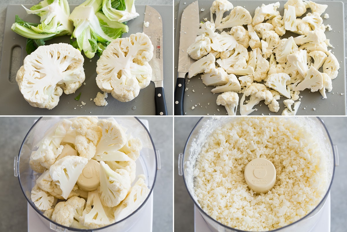 Cauliflower Rice Collage of four photos showing how to chop and prep cauliflower then showing it before and after mincing in a food processor.