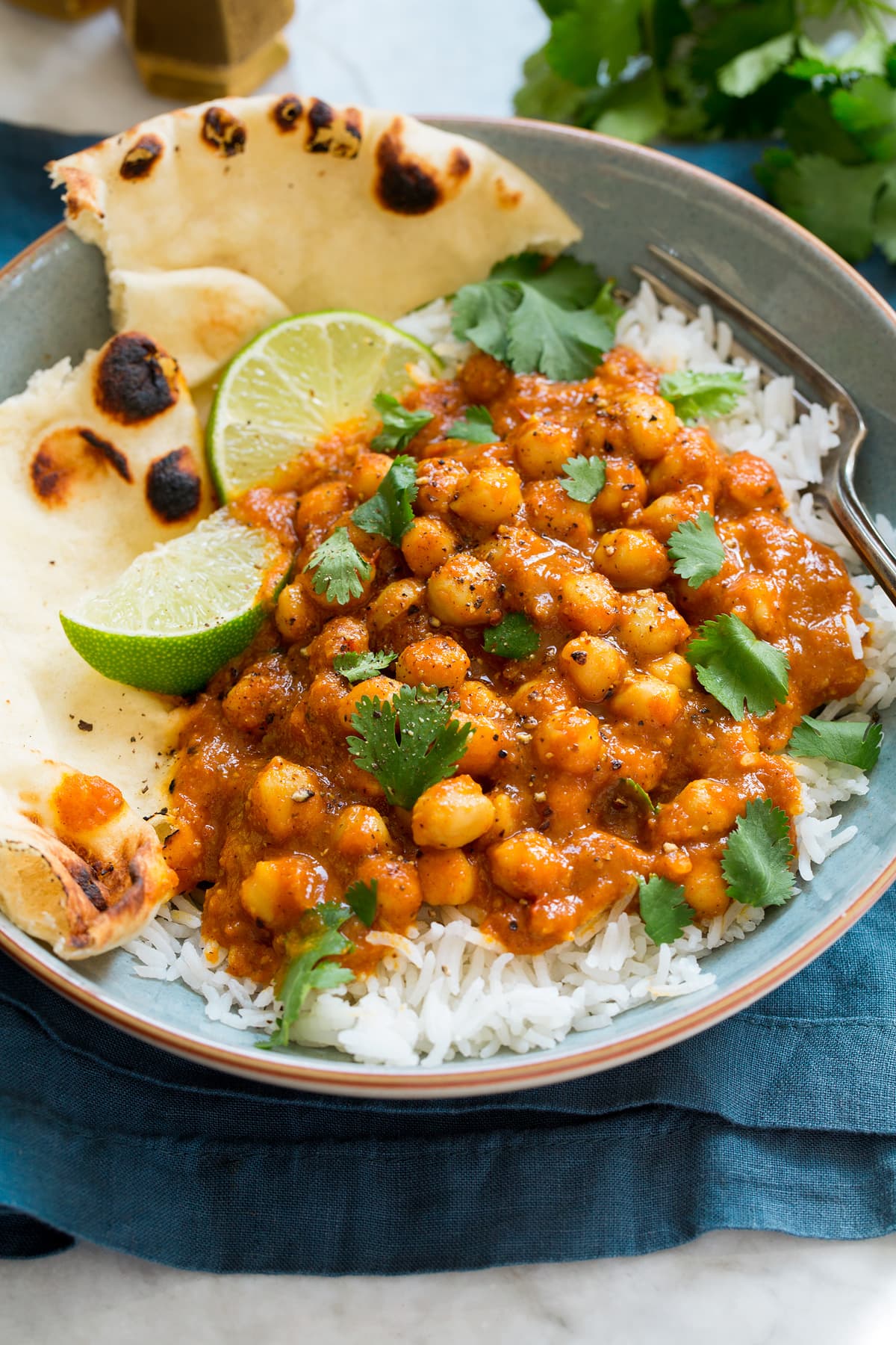 Chickpea Curry Photo of Chickpea Coconut Curry shown atop rice garnished with cilantro in a serving bowl. Also shows naan bread to the side as a serving suggestion.