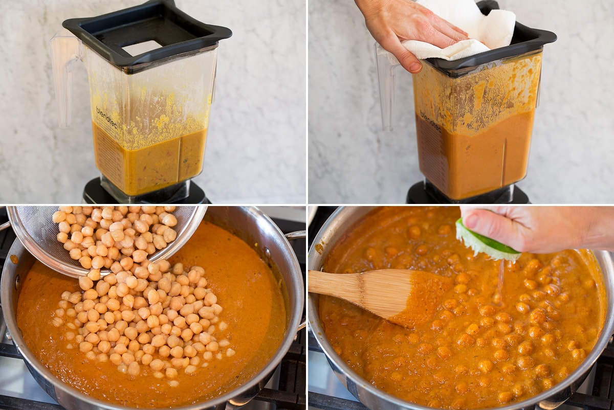 Chickpea Curry Collage of four photos showing how to blend curry sauce in blender then adding chickpeas and saute to pan to simmer together.