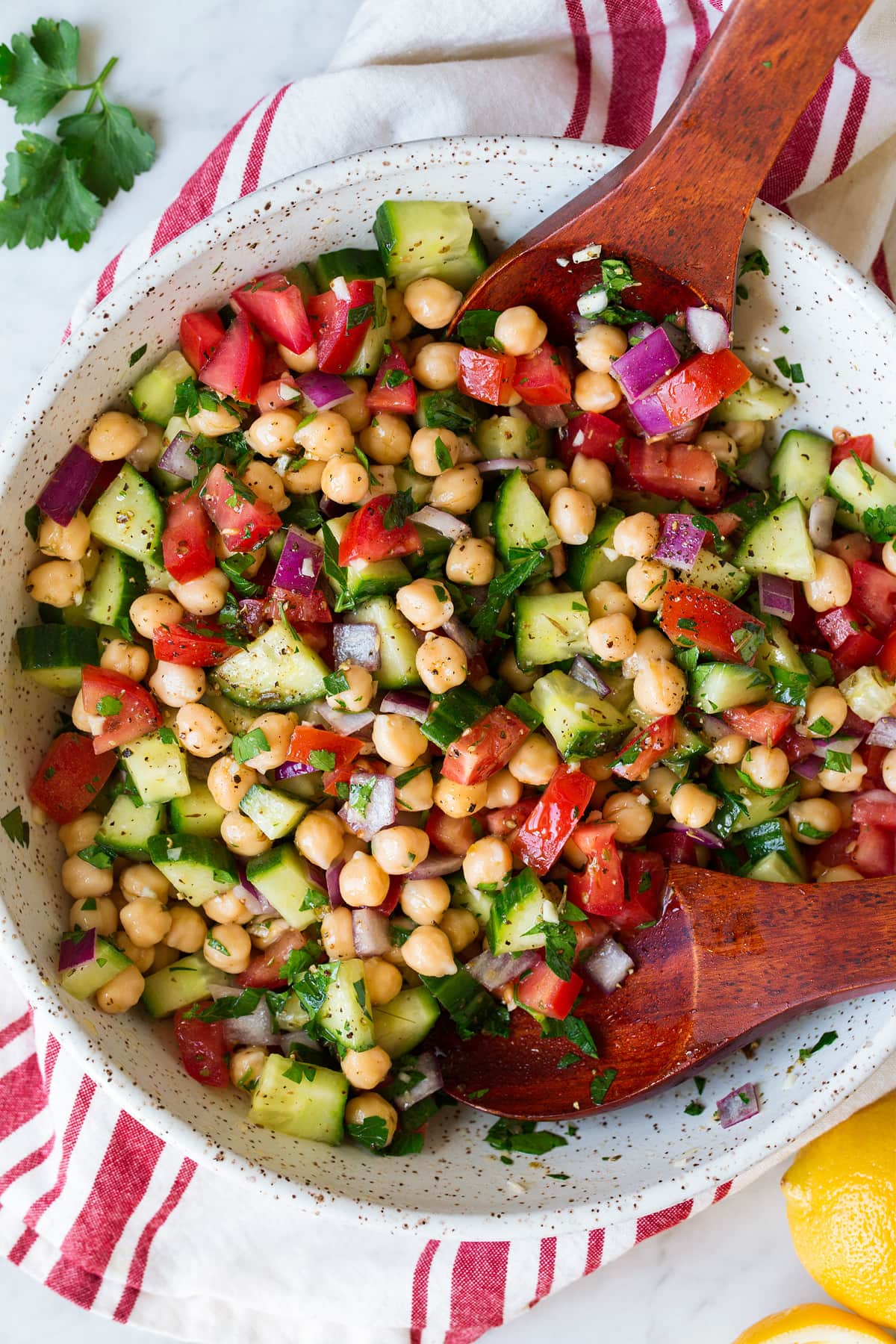 Chickpea Salad Overhead image of chickpea salad after tossing together.
