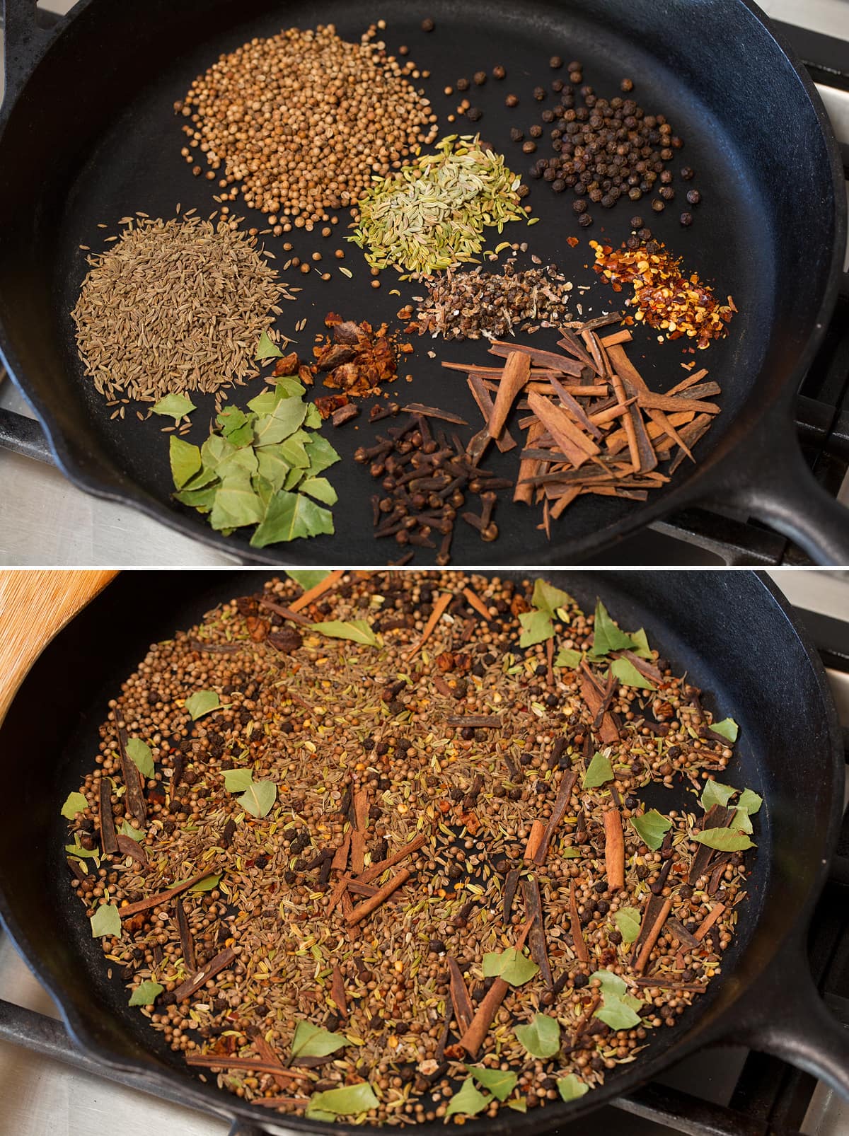 Garam Masala Collage of two images showing spices in a skillet before and after toasting.
