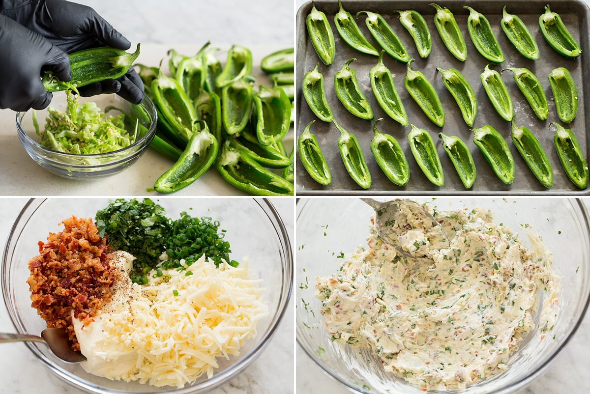 Jalapeno Poppers Collage of four photos showing first steps of preparing jalapeno poppers. Includes halving and seeding jalapenos, aligning them on baking sheet, then making cream cheese filling.