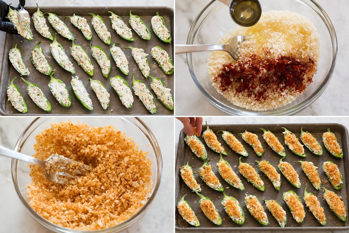 Jalapeno Poppers Collage of four photos showing how to stuff jalepono peppers and prepare and finish with panko topping mixture.