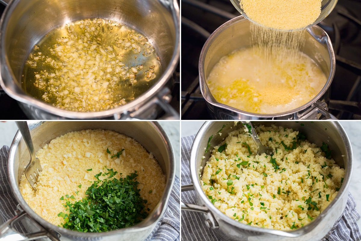 Lemon Couscous Collage of four photos showing steps to making couscous on the stovetop.