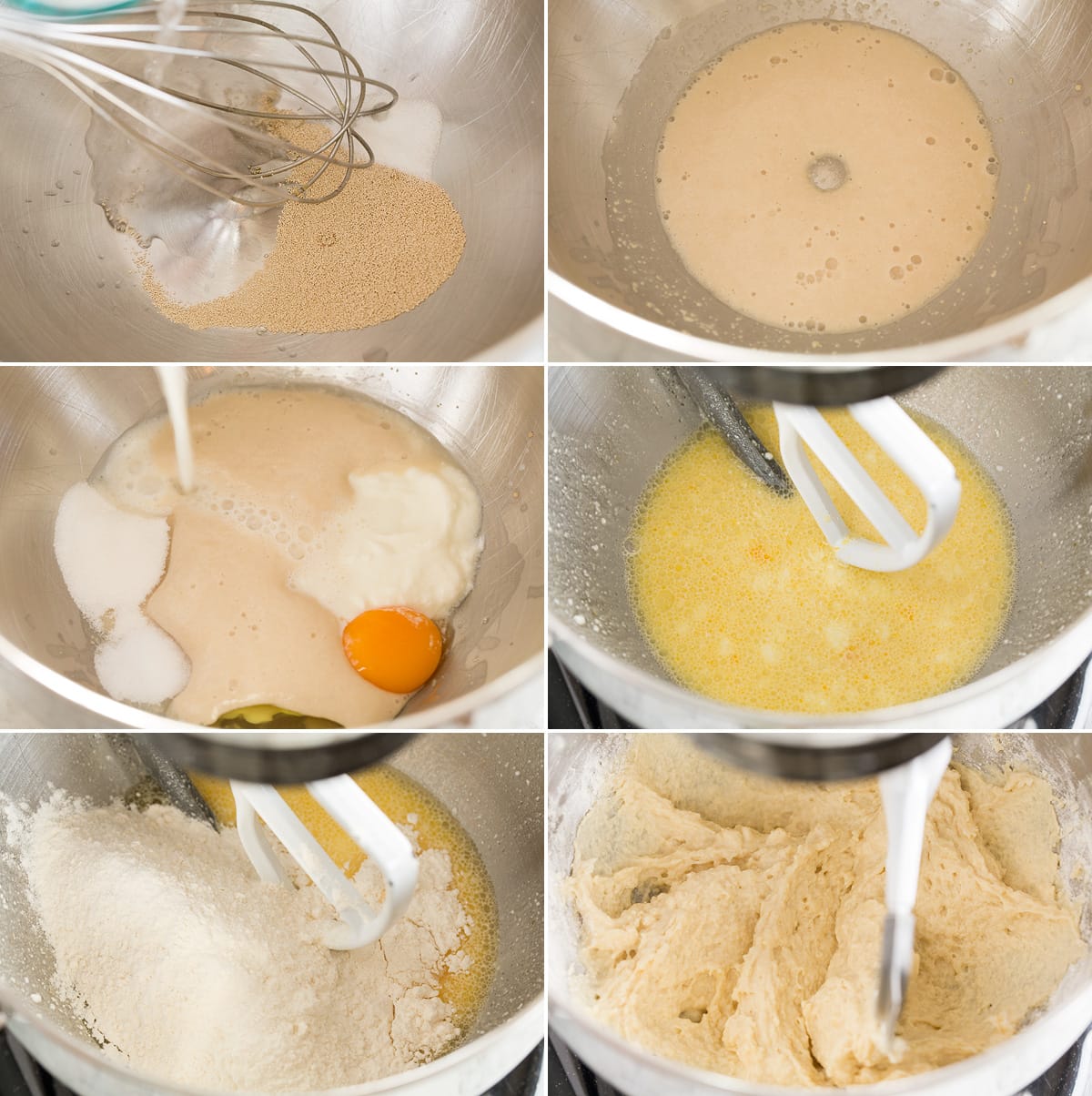 Naan Steps 1 - 6 of making naan dough in mixer bowl.