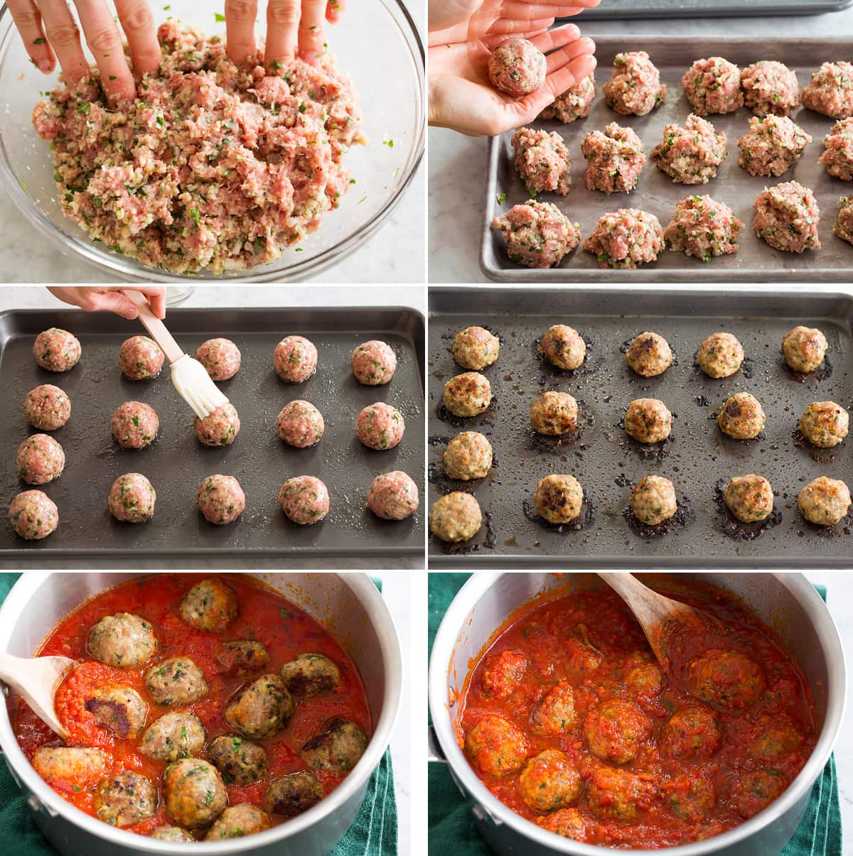 Turkey Meatballs Collage of six images showing shaping turkey meatballs, aligning and baking on baking sheet then cooking in marinara sauce.