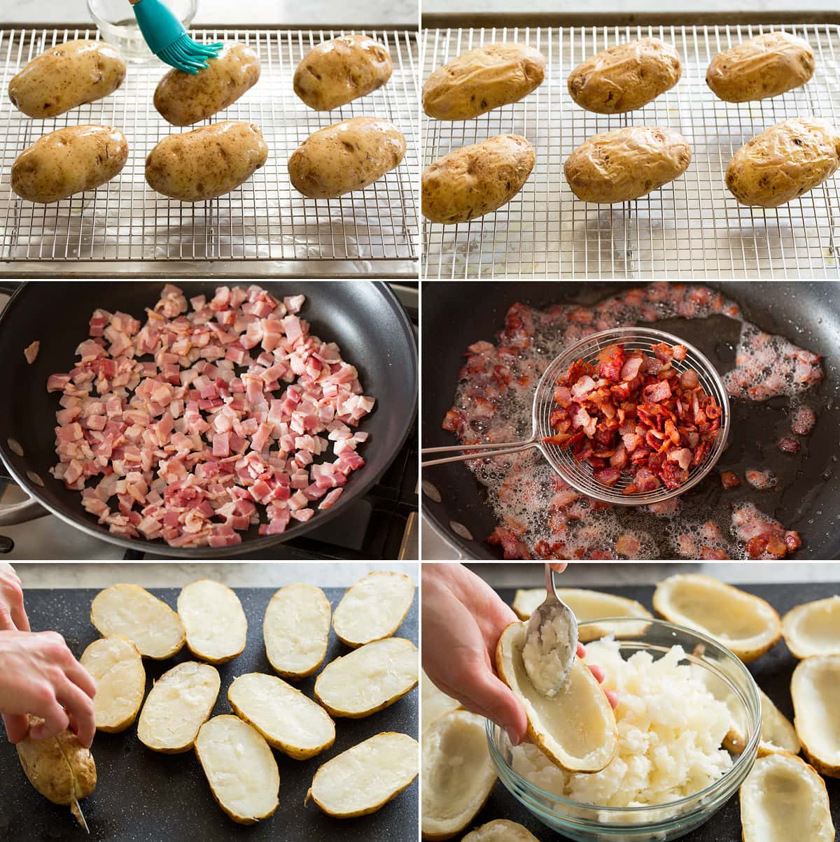 Baked Potato Skins Collage of six images showing first six steps of making potato skins. Includes brushing potatoes with oil, shows after baking. Then diced bacon shown before and after cooking in skillet. Last photos show halving baked potatoes and scooping out flesh.