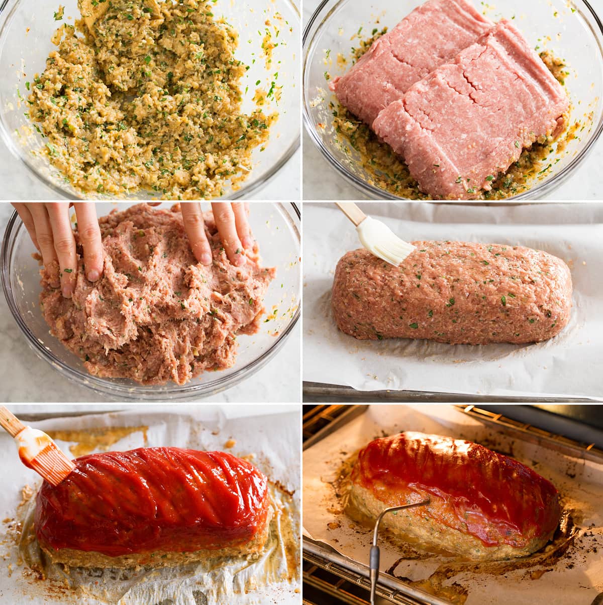 Turkey Meatloaf Collage of six images showing remaining six steps to making turkey meatloaf. Includes egg and onion mixture shown after mixing in a mixing bowl, adding turkey. Then shows mixed meatloaf mixture, shaped meatloaf mixture, ketchup coated meatloaf. And last includes image of meatloaf baking in the oven on baking sheet.
