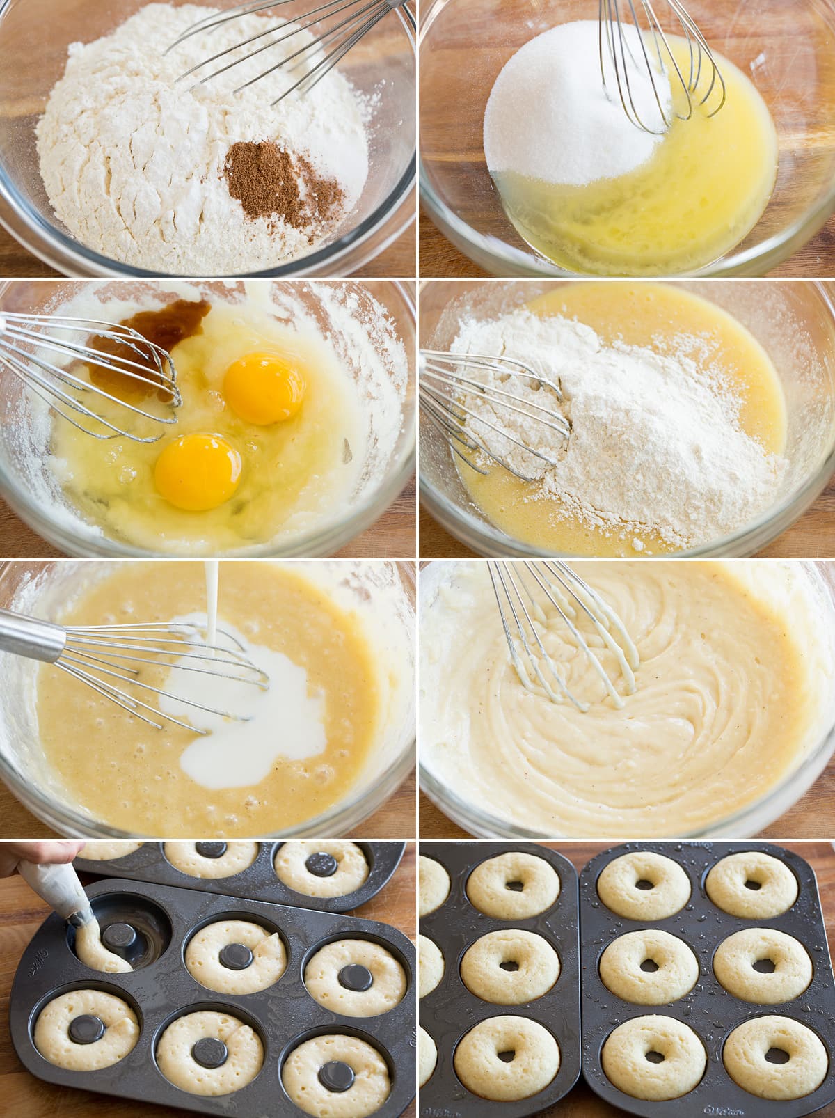 Baked Donuts Collage of eight photos showing steps to making baked donuts. Includes preparing batter in glass mixing bowl with a whisk, then piping into donut pans. Also shows after baking.