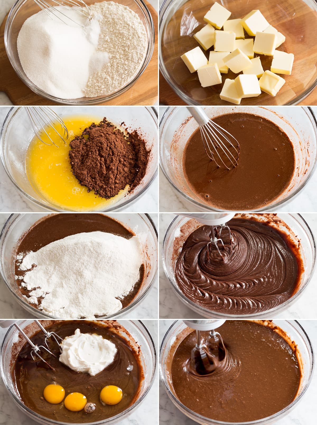 Chocolate Bundt Cake Collage of eight photos showing steps to make bundt cake batter.