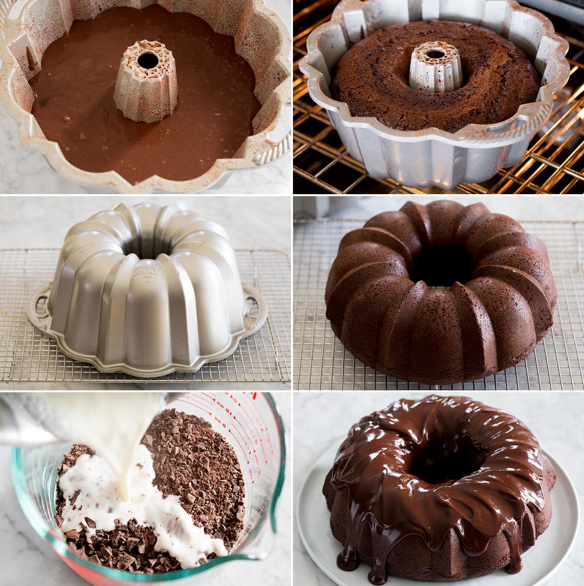 Chocolate Bundt Cake Collage of six photos showing how to bake chocolate bundt cake, invert, then make and top with ganache.