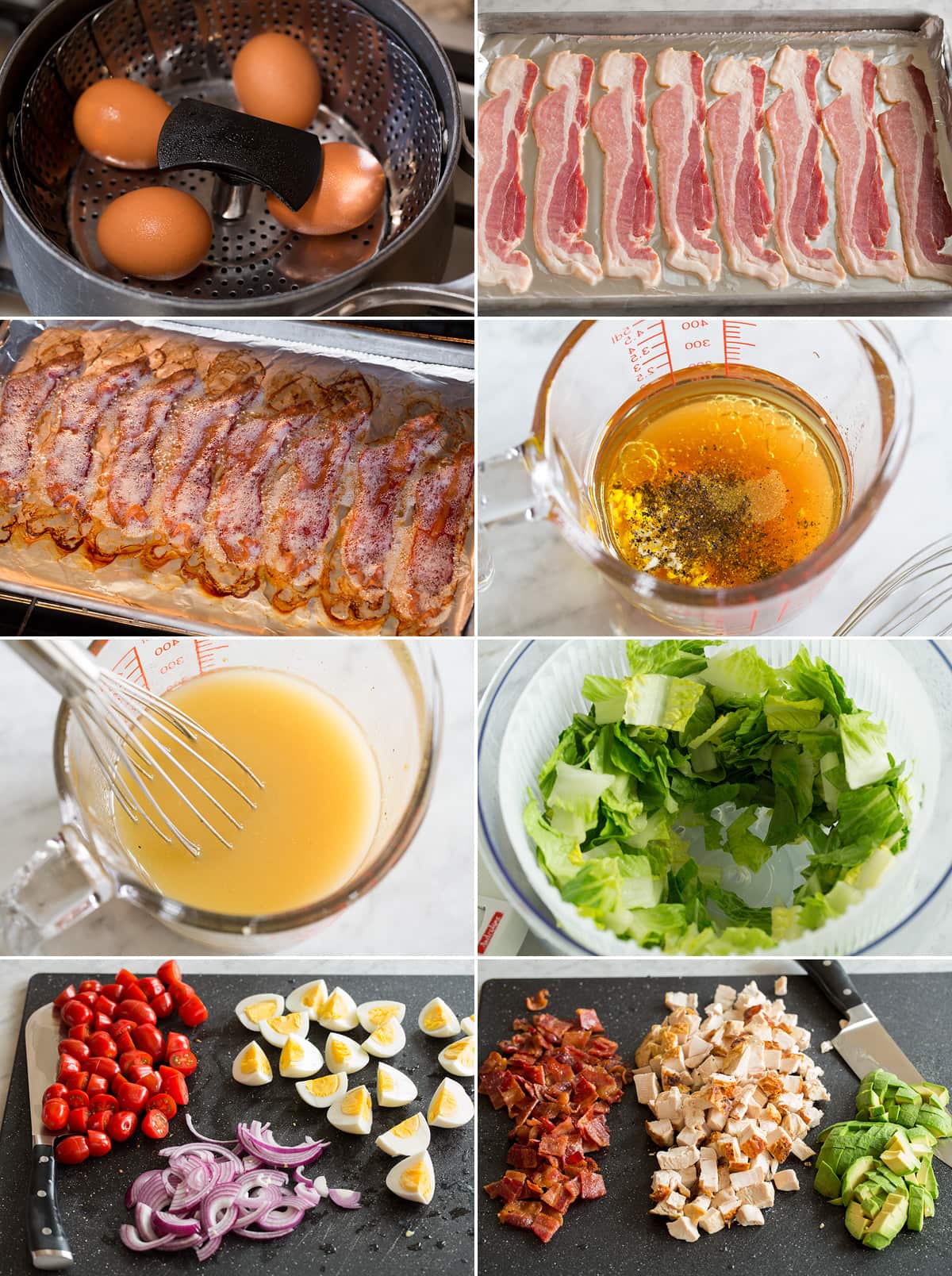 Cobb Salad Collage of eight images showing how to cook eggs and bacon for cobb salad. Also shows making dressing and chopping salad ingredients.