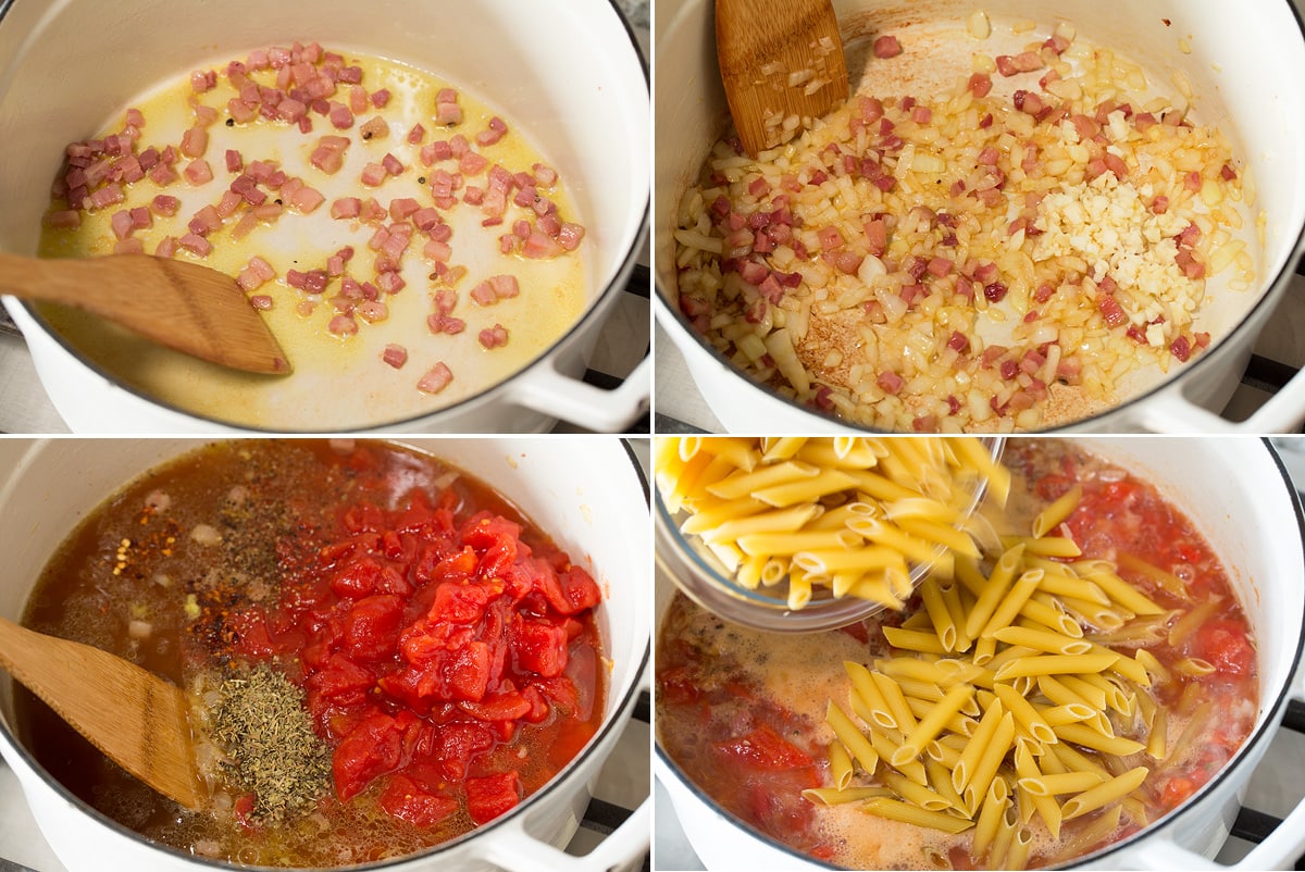 One Pot Pasta Collage of four photos showing steps to make one pot pasta. Shows sauteing pancetta, then onion. Next shows adding liquid, tomatoes seasonings and then pasta.