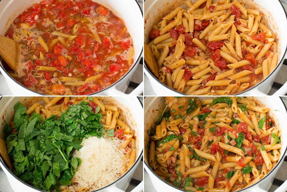 One Pot Pasta Photo showing collage of four images with remaining steps to preparing one pot pasta. Shows pasta simmering with liquids, then once cooked. Next includes adding spinach, basil and parmesan and last the finish pasta is shown.