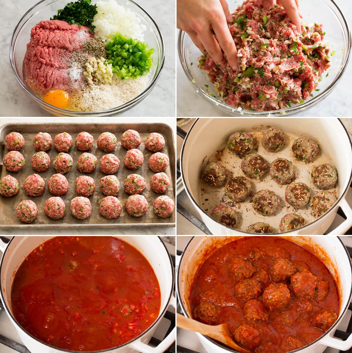 Porcupine Meatballs Photo of steps showing how to make porcupine meatballs. Shows meatball mixture before and after shaping. Shown in rounds on a baking sheet. Then browning and covered with sauce.