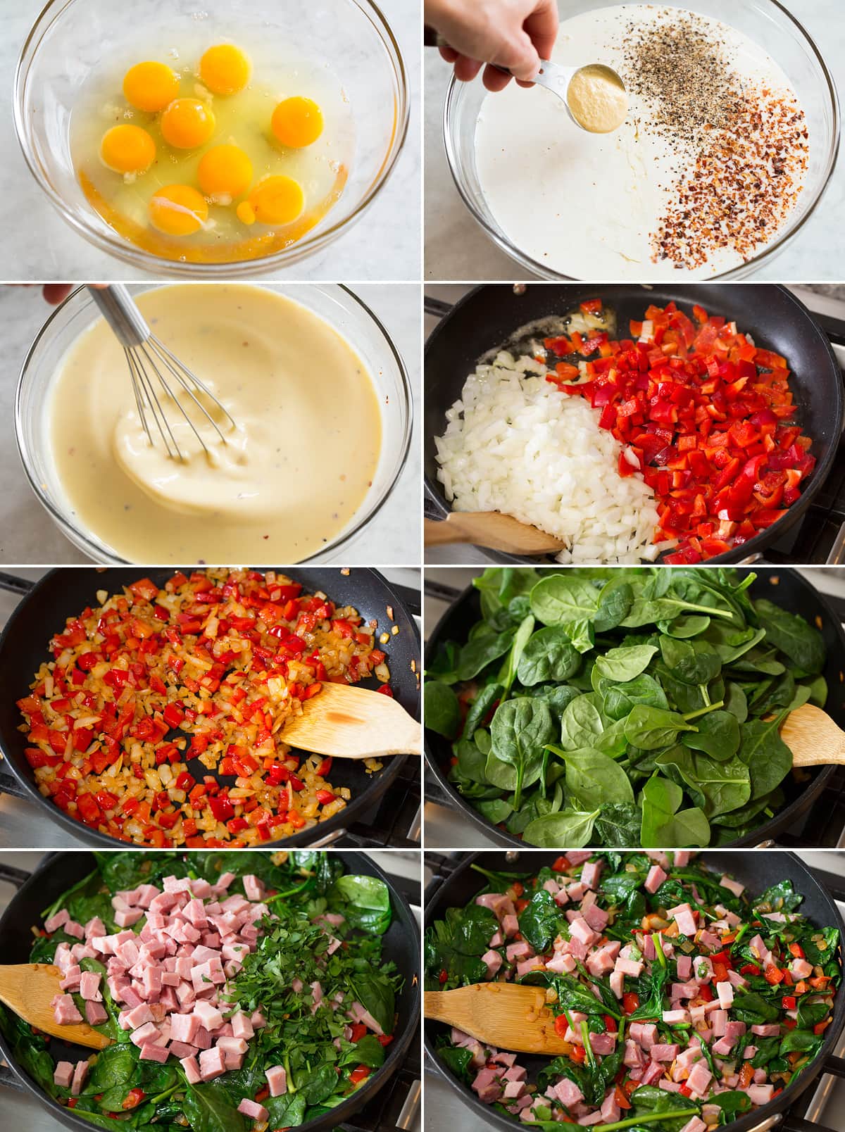 Strata Collage of eight photos showing steps to preparing custard and meat and vegetable mixture for a strata.
