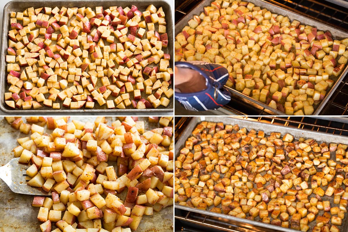 Breakfast Potatoes Photo: Breakfast Potatoes shown in oven, being tossed then being broiled.