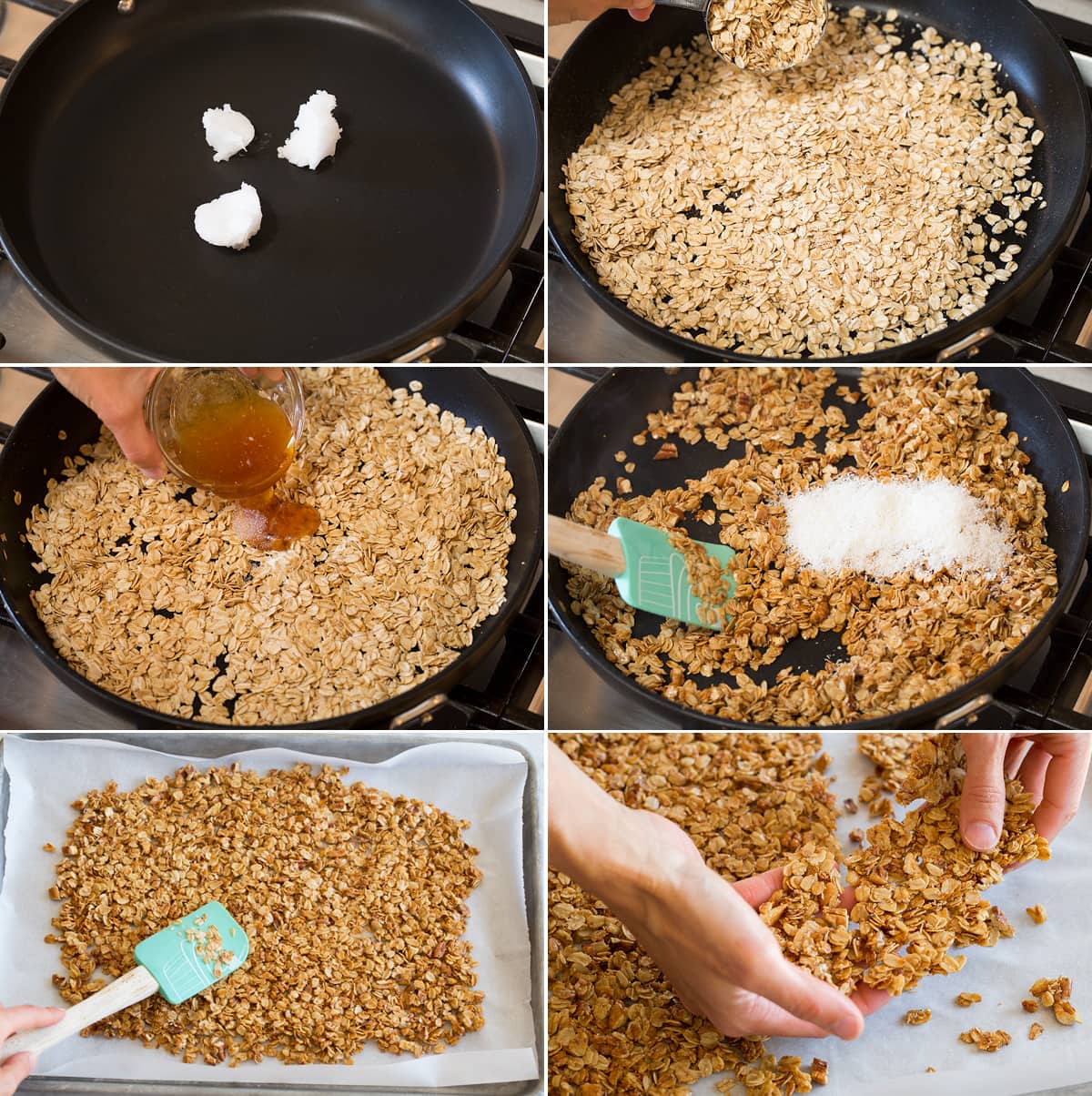 Easy Stovetop Granola Recipe Collage of six steps showing how to make an easy granola in a skillet.