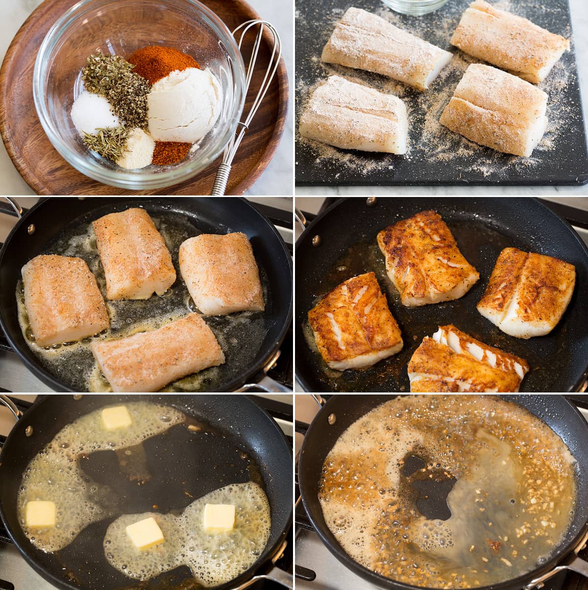 Lemon Butter Cod Recipe Collage of six photos showing how to make a cod recipe. Shows seasoning cod, searing in a skillet, and cooking a sauce in skillet after.