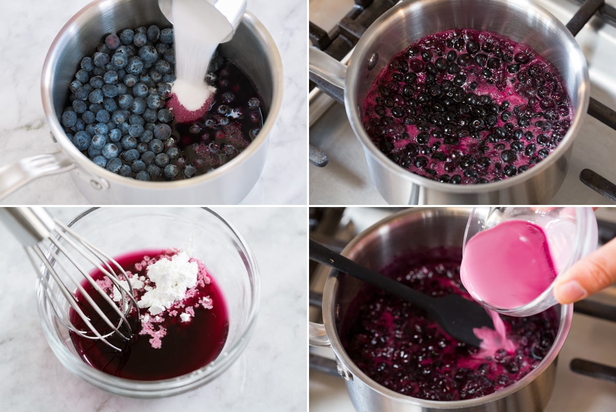 Blueberry Syrup Collage of four photos showing how to make blueberry syrup. Includes mixing blueberries and sugar in a pan then heating over stovetop. Then shows mixing cornstarch slurry and pouring into pan on stovetop.