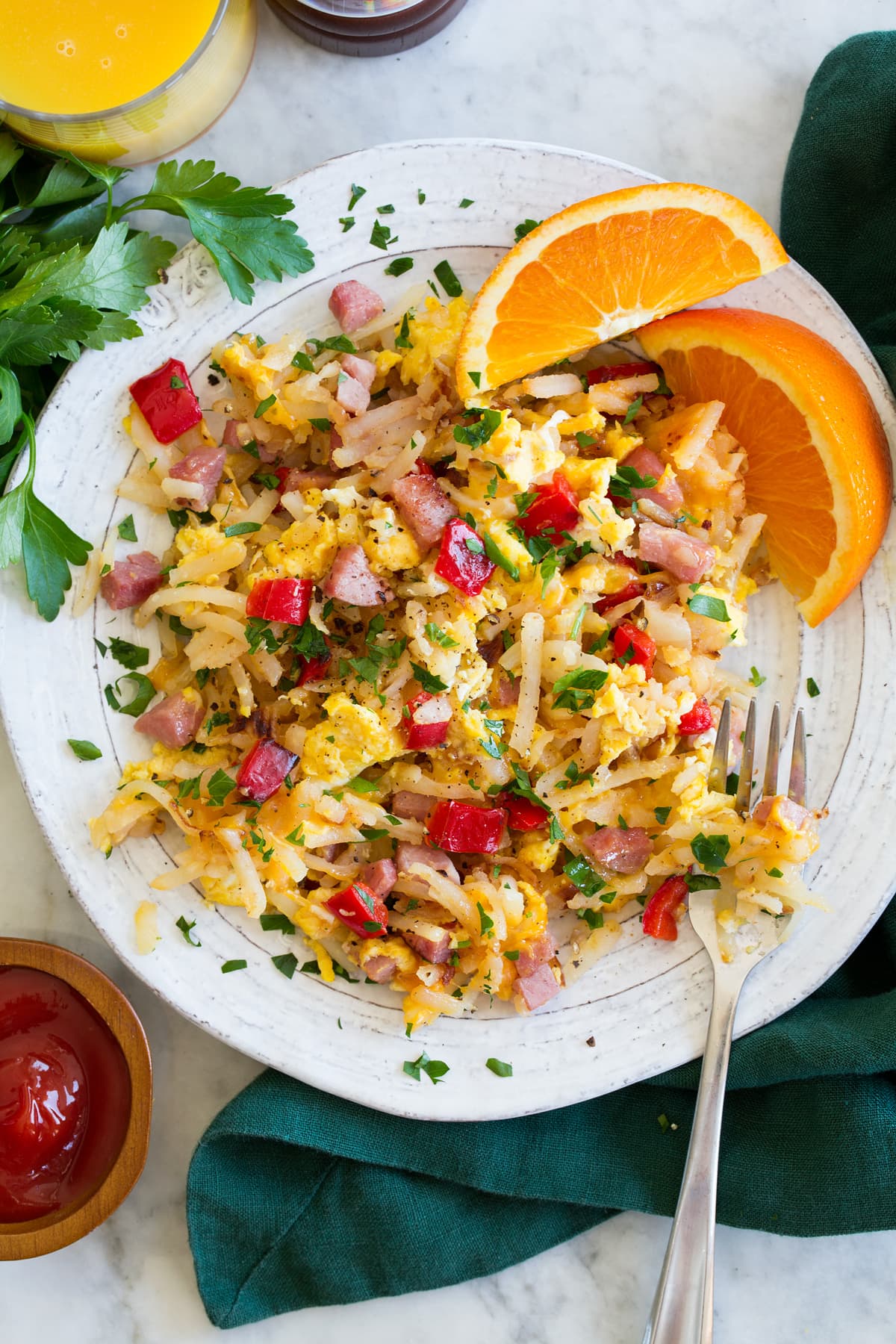 Breakfast Hash Photo: Breakfast hash shown on a serving plate from above.