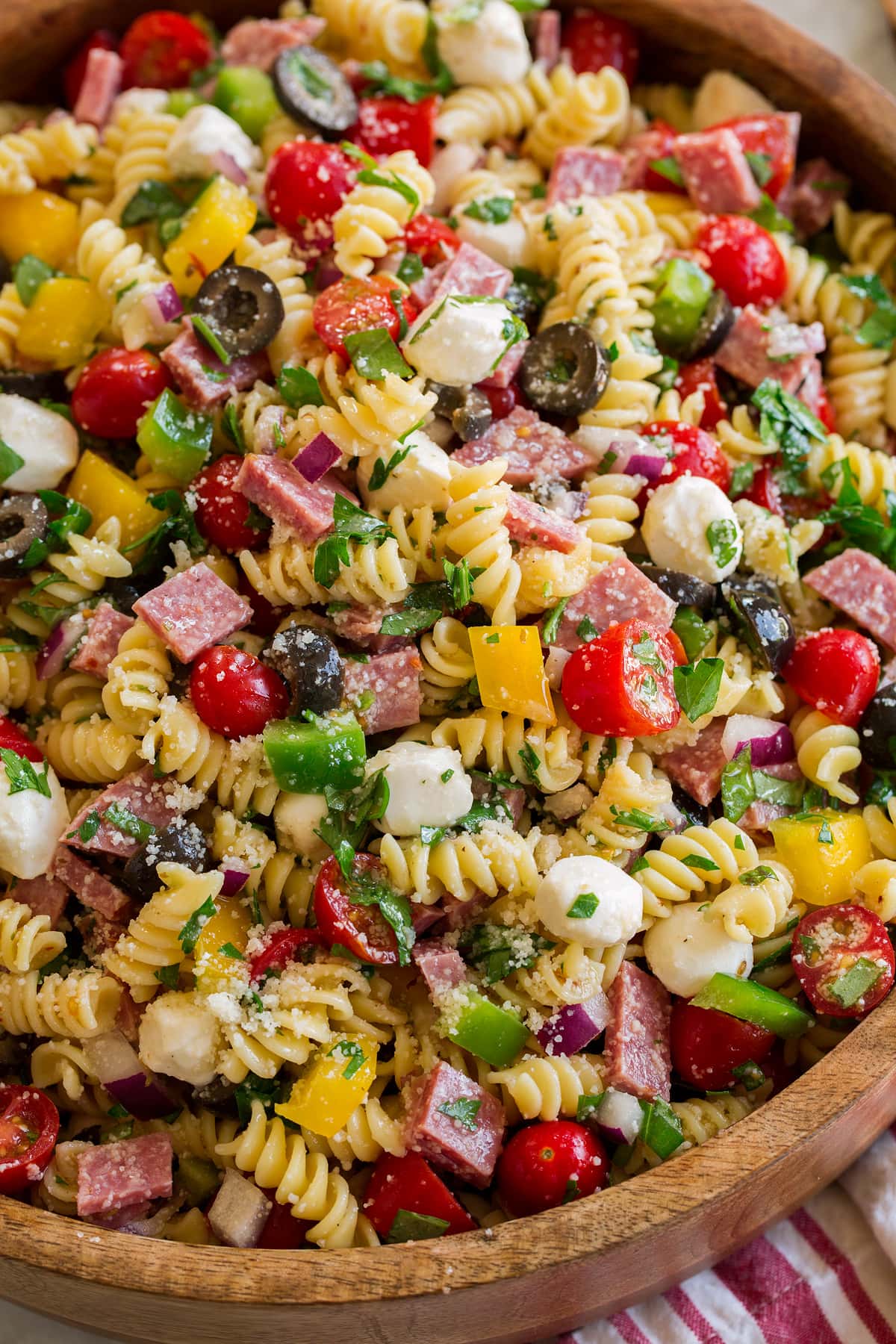 Italian Pasta Salad Close up photo of Italian pasta salad showing all the textures and fresh ingredients of the pasta salad.