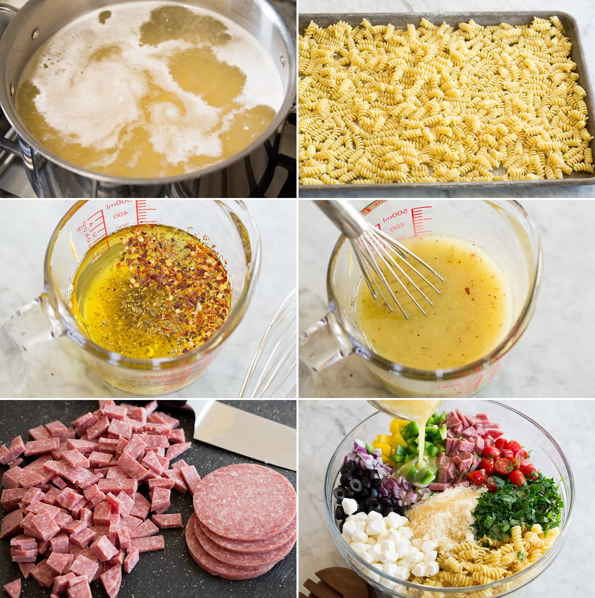 Italian Pasta Salad Photo: Collage of six images showing steps of making Italian pasta salad. Includes boiling pasta then cooling. Making dressing, slicing ingredients and tossing everything together in a very large bowl.