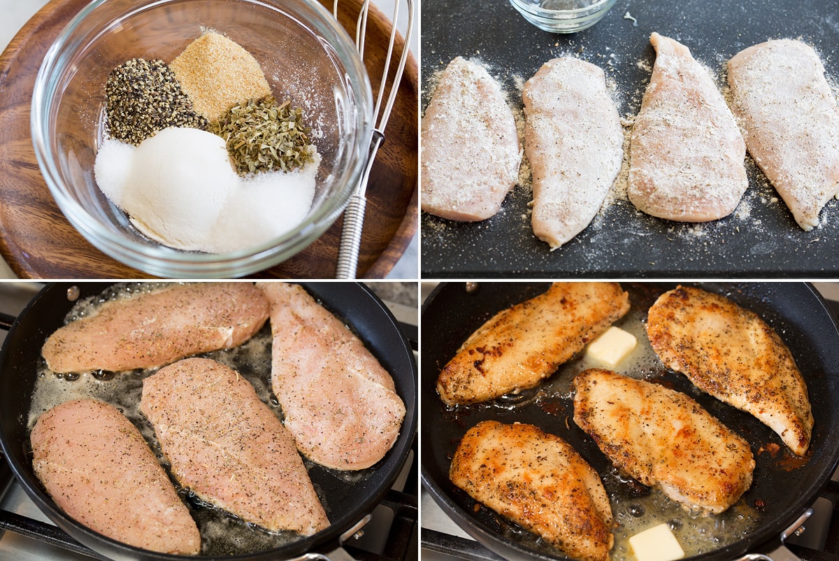 Lemon Pepper Chicken Collage of four photos showing steps to making lemon pepper chicken. Includes whisking seasoning in a bowl, coating chicken in seasoning, then searing chicken on both sides in the skillet.