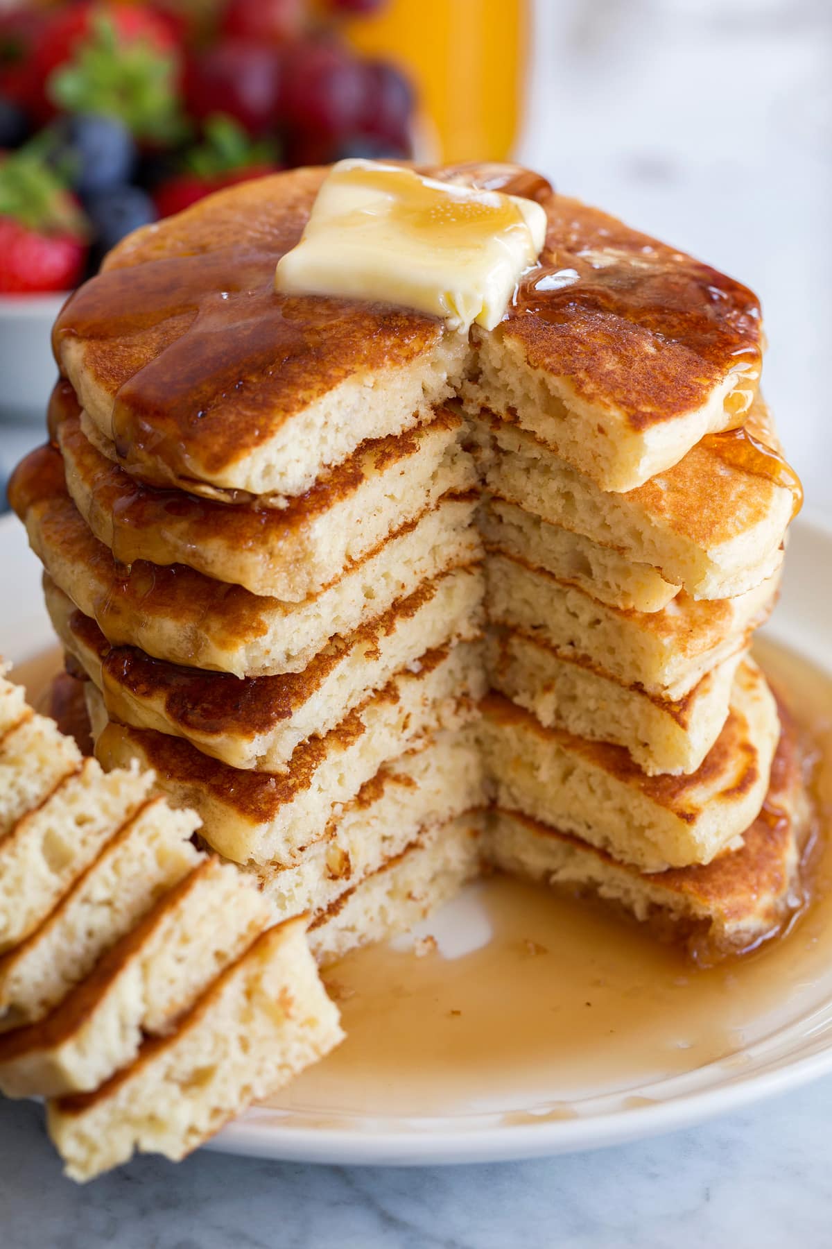 Pancakes Stack of pancakes with one side cut to show interior.