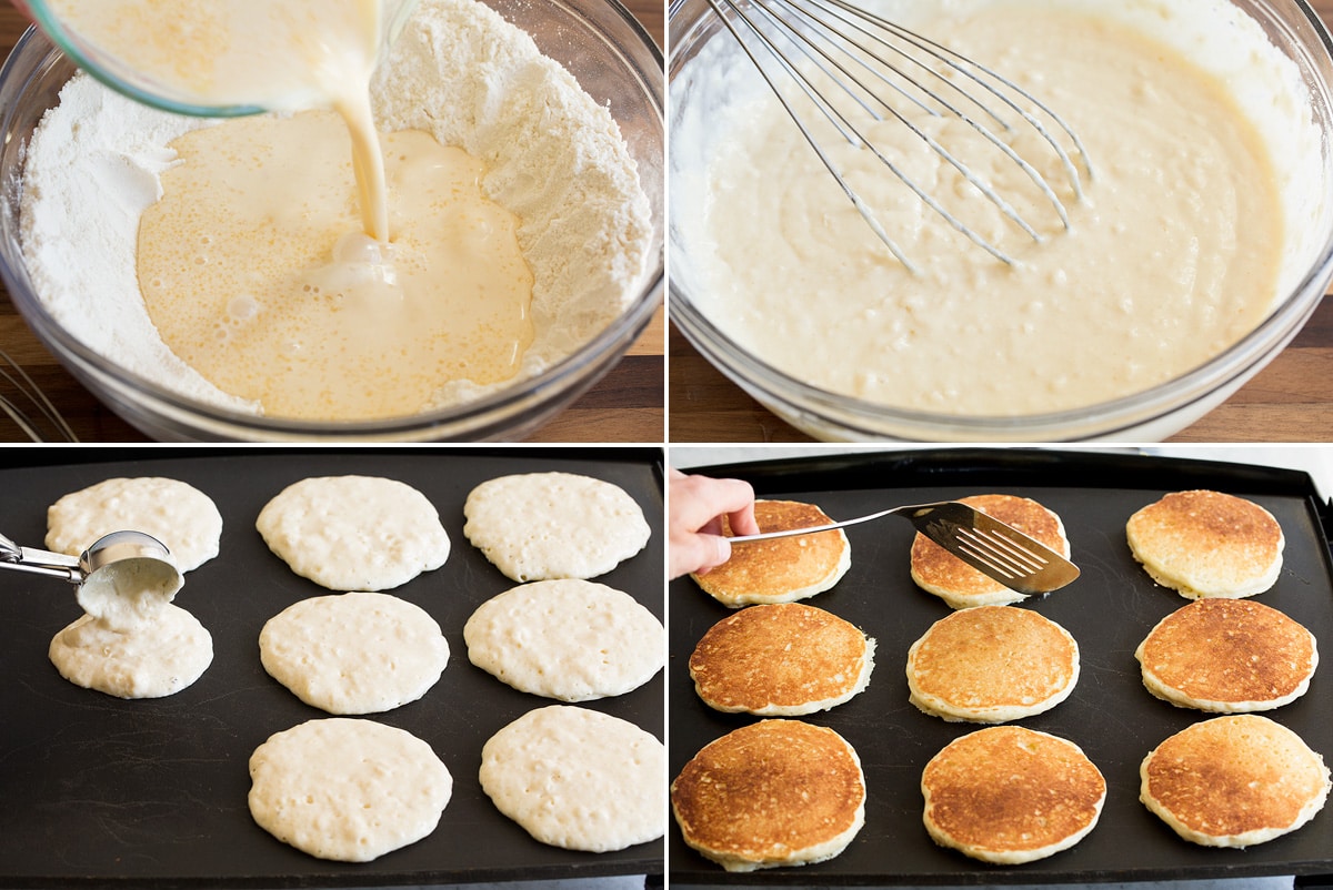 Pancake Recipe Collage of four photos showing how to blend pancake batter mixtures then cook pancakes on a griddle.