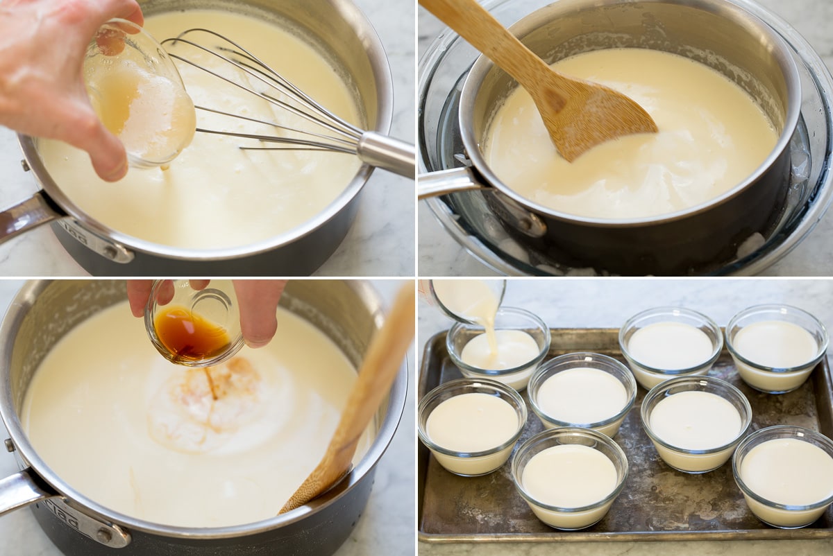 Panna Cotta Photo: Collage of four photos showing gelatin added to milk mixture in saucepan, cooling milk mixture in ice bath, adding vanilla, then pouring panna cotta into ramekins.