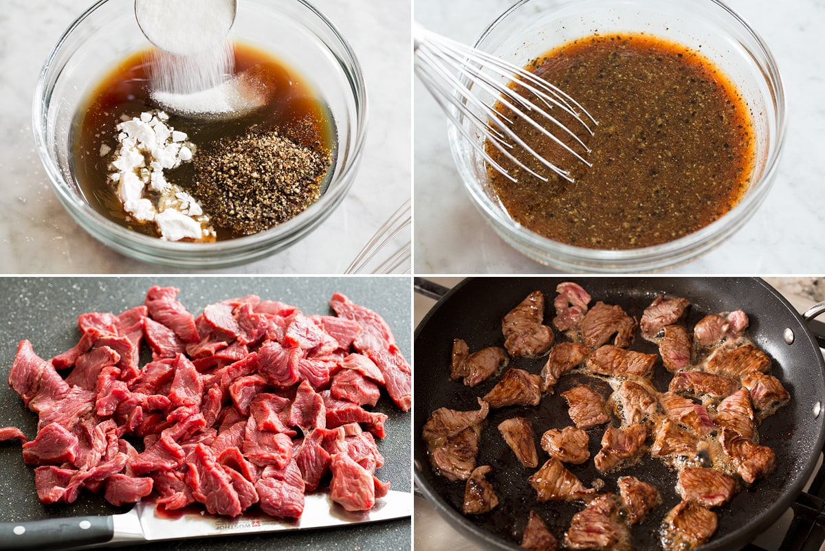 Pepper Steak Photo: Four photos, first two show mixing pepper steak sauce in a bowl. Second two photos show chopping steak and searing in skillet.