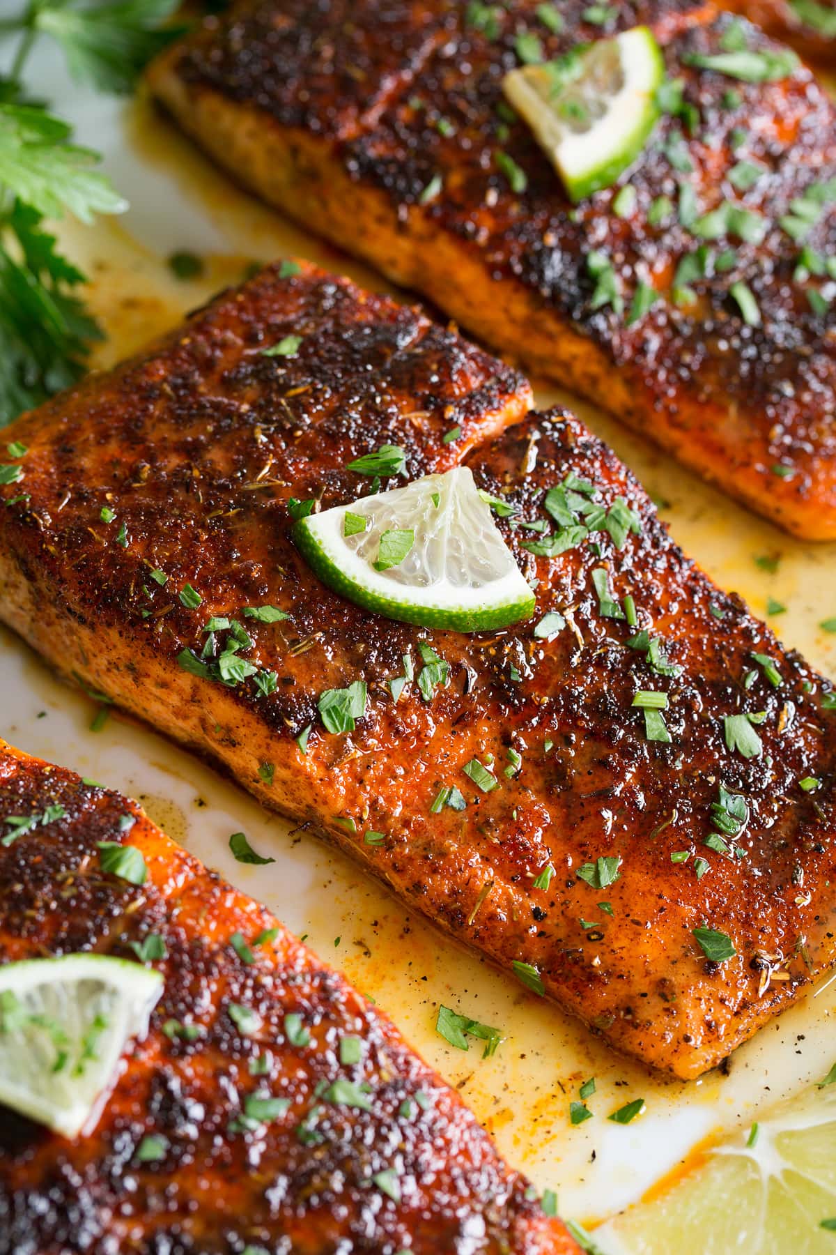 Blackened Salmon Close up photo of blackened salmon with buttery honey lime sauce.