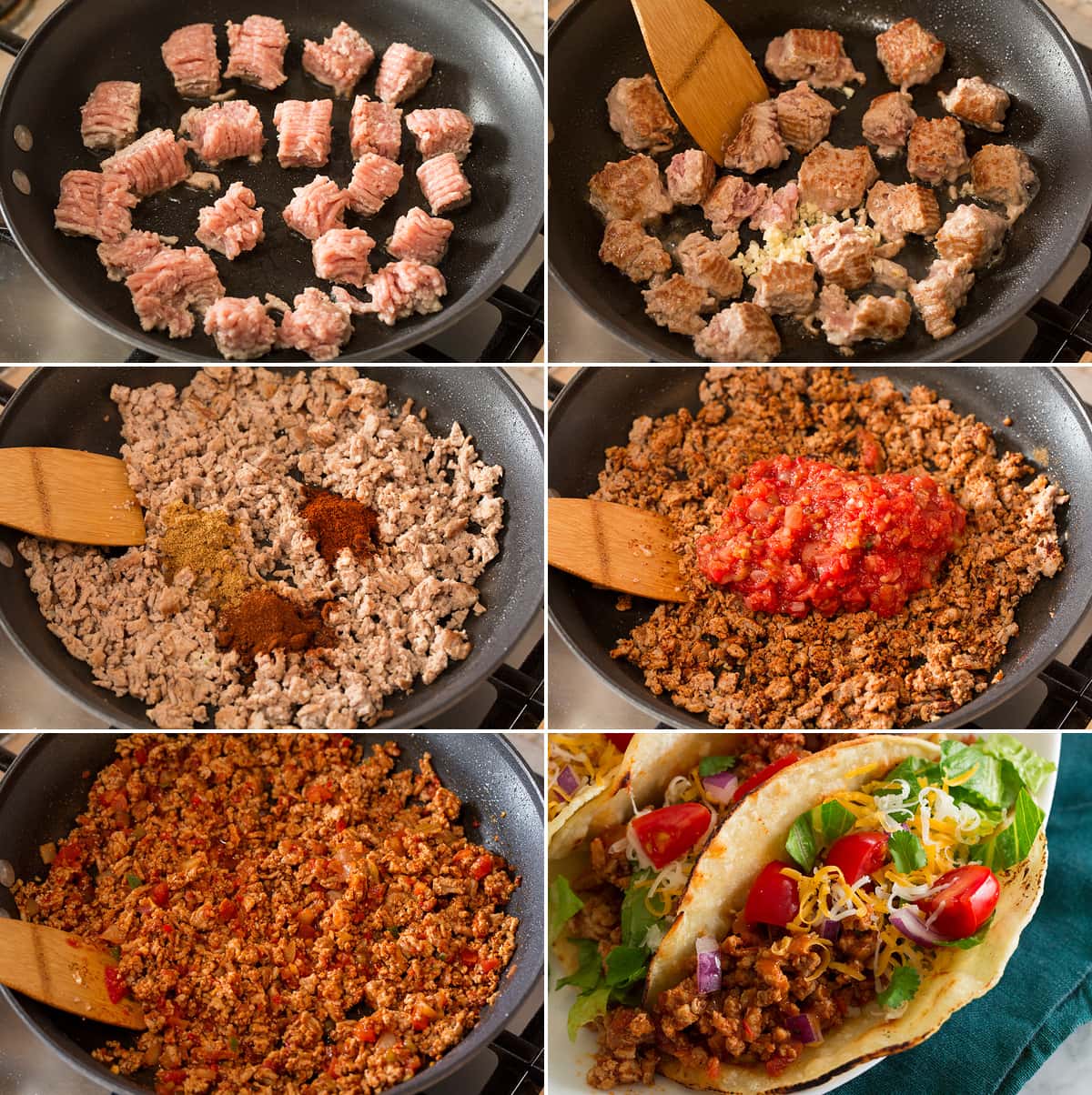 Ground Turkey Tacos Collage of six photos showing steps to making turkey taco meat in skillet, then final image showing finished assembled taco.