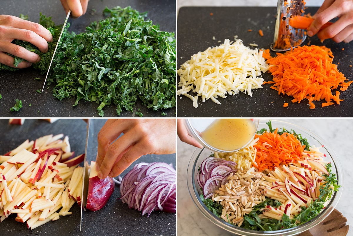 Kale Salad Collage of four photos showing how to thinly slice kale, shred carrots and cheddar, and slice apples into matchsticks. Then shows all salad ingredients in a bowl before tossing.