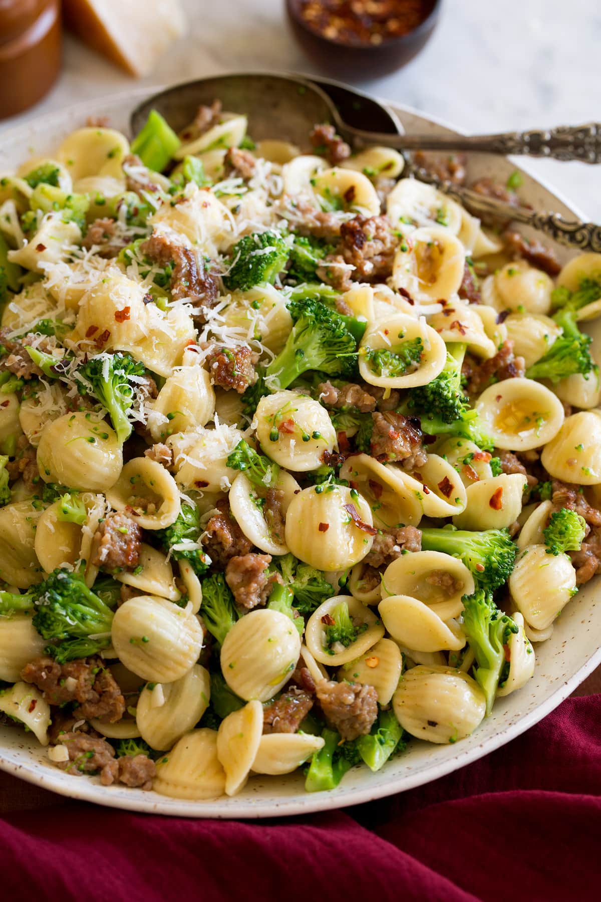 Orecchiette with Sausage and Broccoli Photo: Orecchiette pasta with broccoli, Italian sausage and parmesan in a s olive oil sauce.
